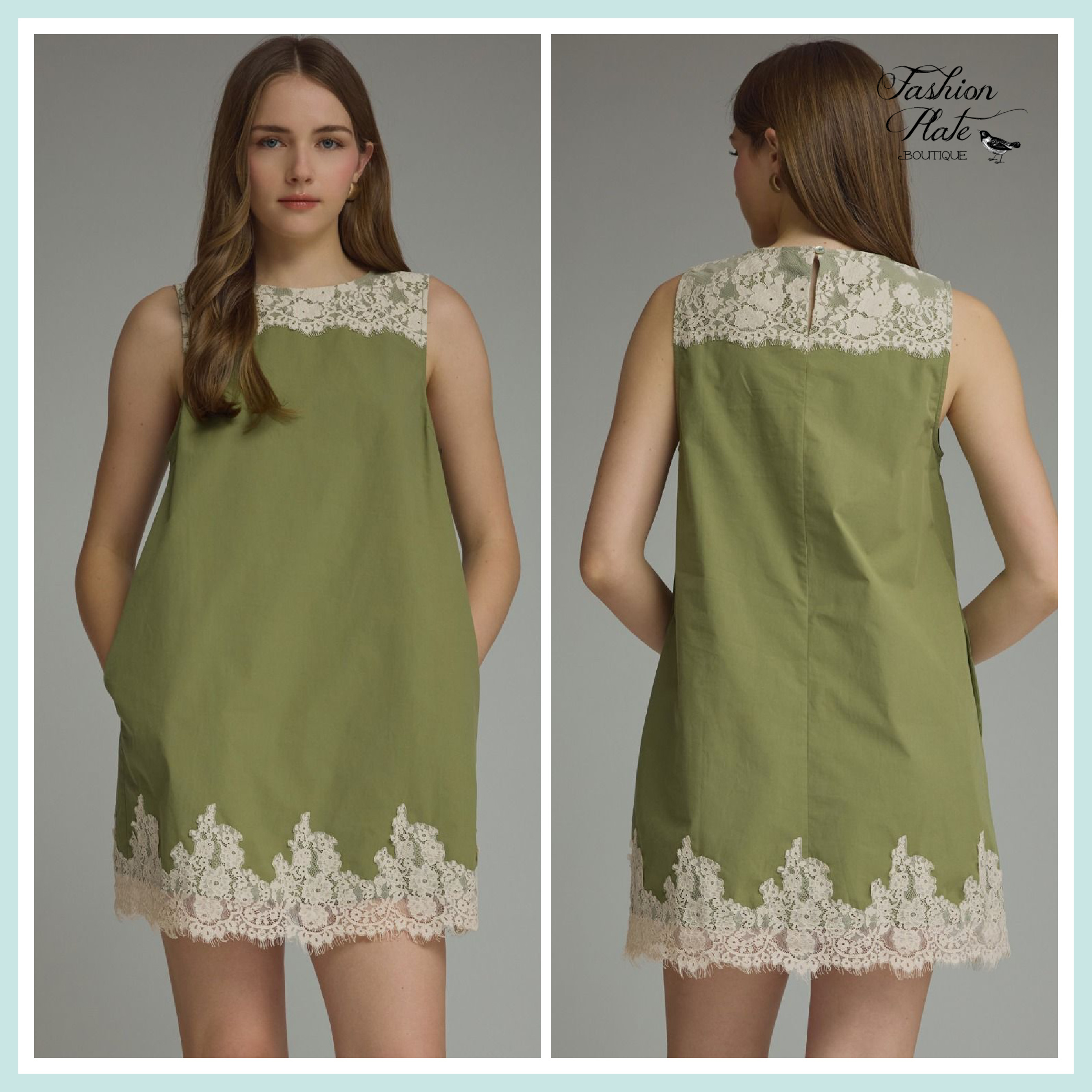 Entro Olive Lace Trimmed Cotton Shift Dress - Image 3