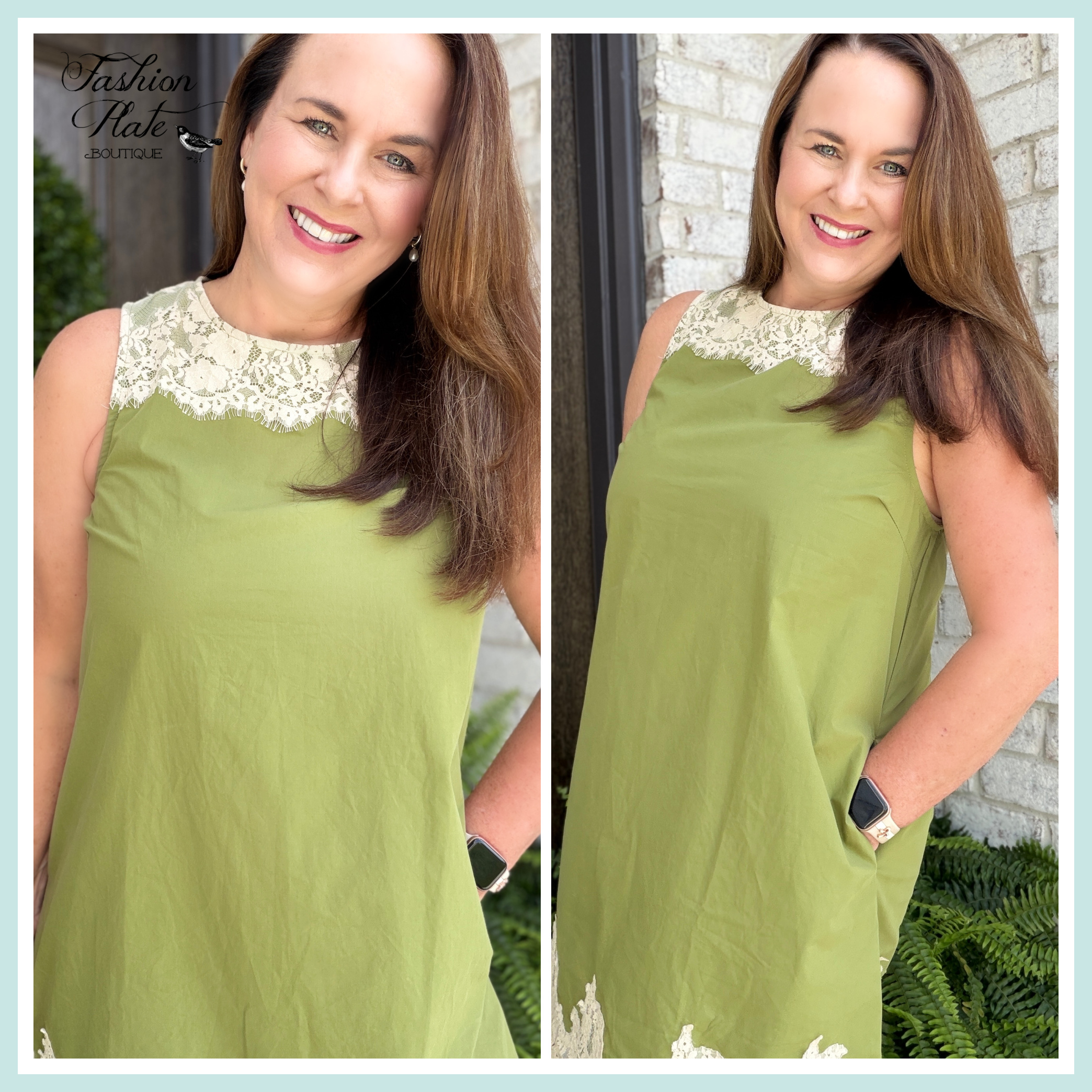 Entro Olive Lace Trimmed Cotton Shift Dress - Image 2