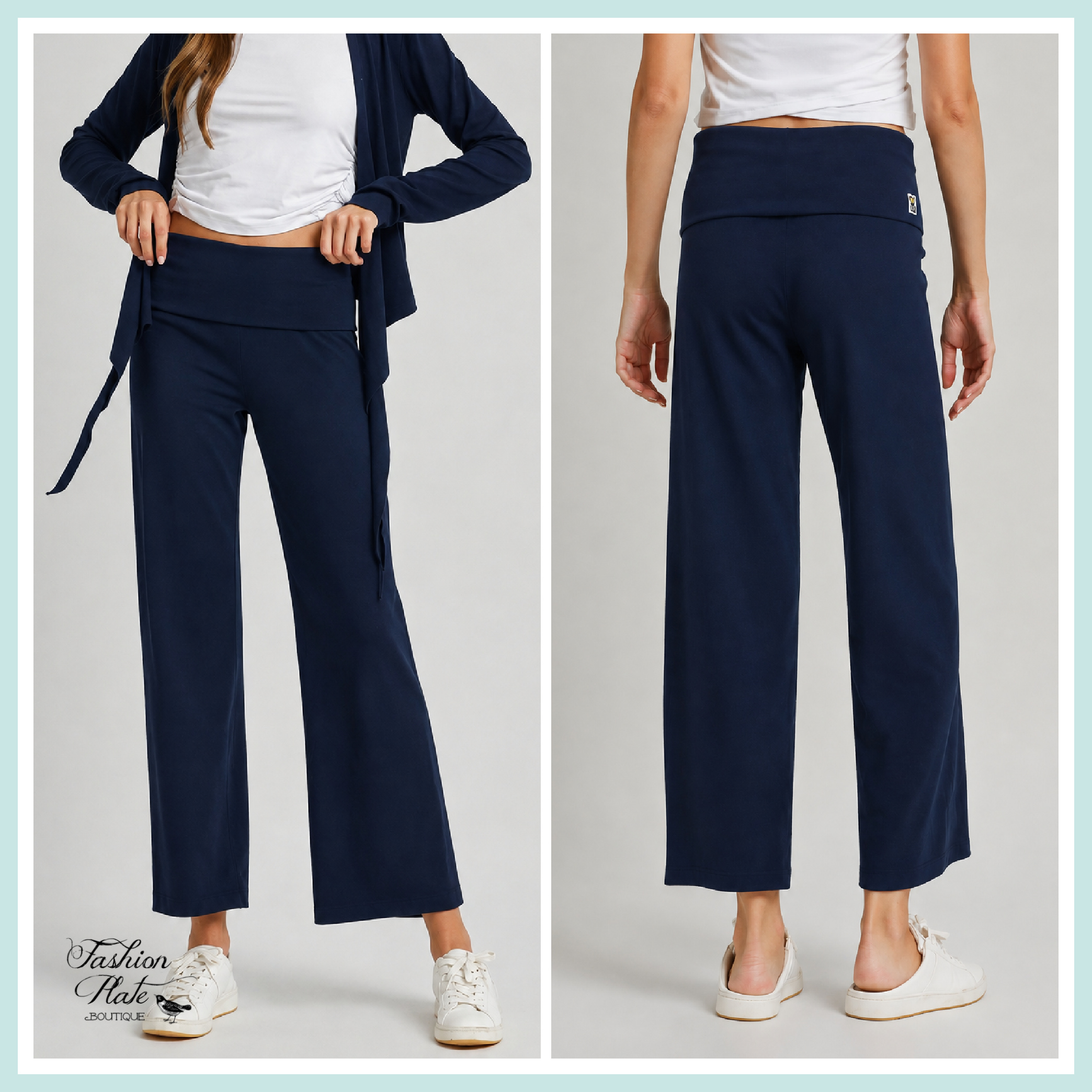 MOHMe by Umgee Cotton Viscose Fold-Over Waist Pants – Navy - Image 2