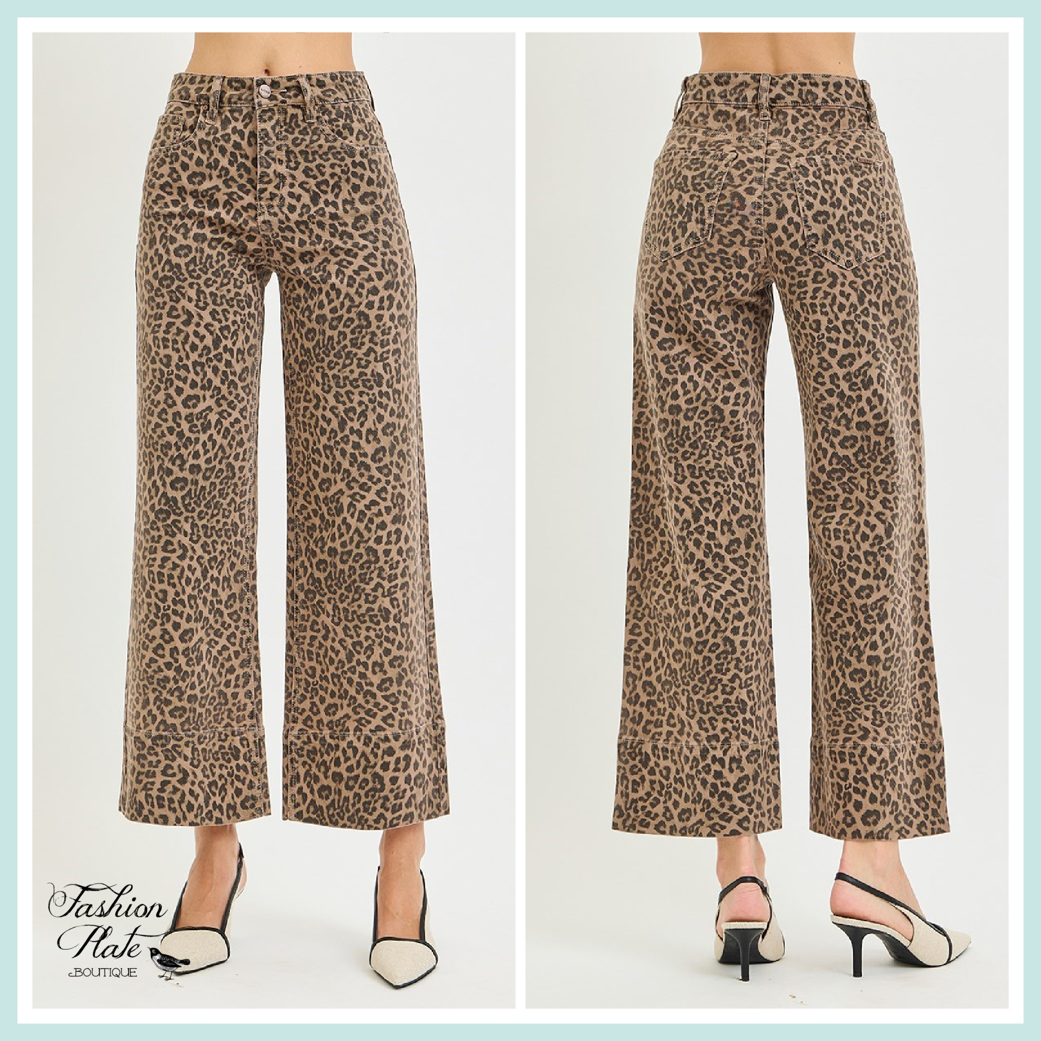 Risen Tummy Control High Rise Leopard Ankle Wide Leg Jeans - Image 2