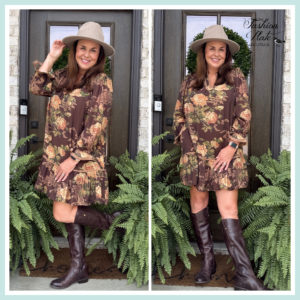 Umgee Brown Floral Ruffle Hem Dress