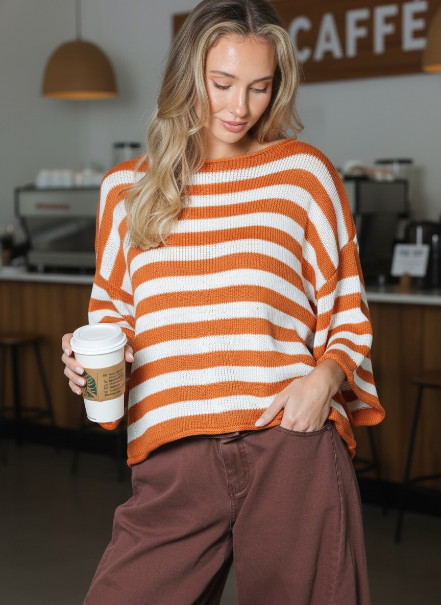 Vine & Love Orange Stripe Boatneck Sweater - Image 3
