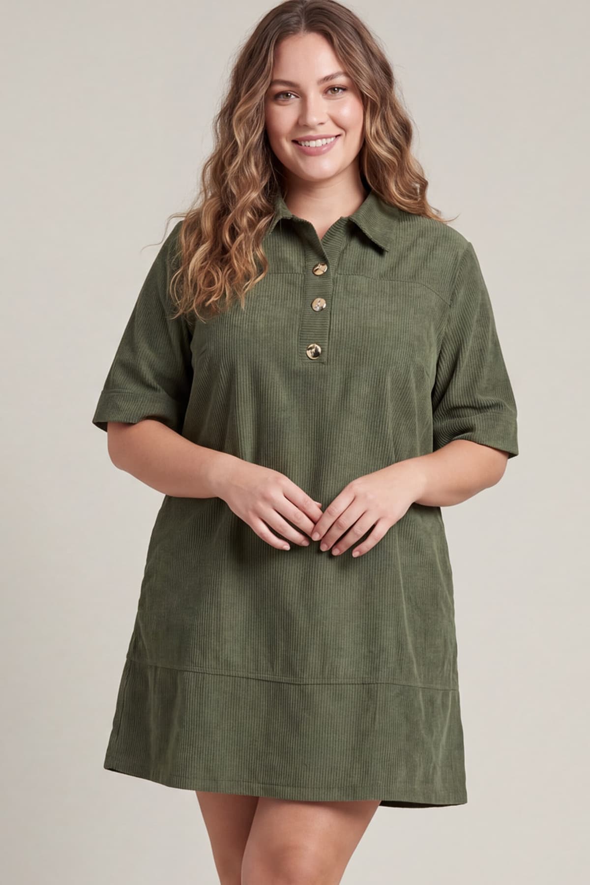 She + Sky Corduroy Shift Dress – Olive & Wine - Image 3
