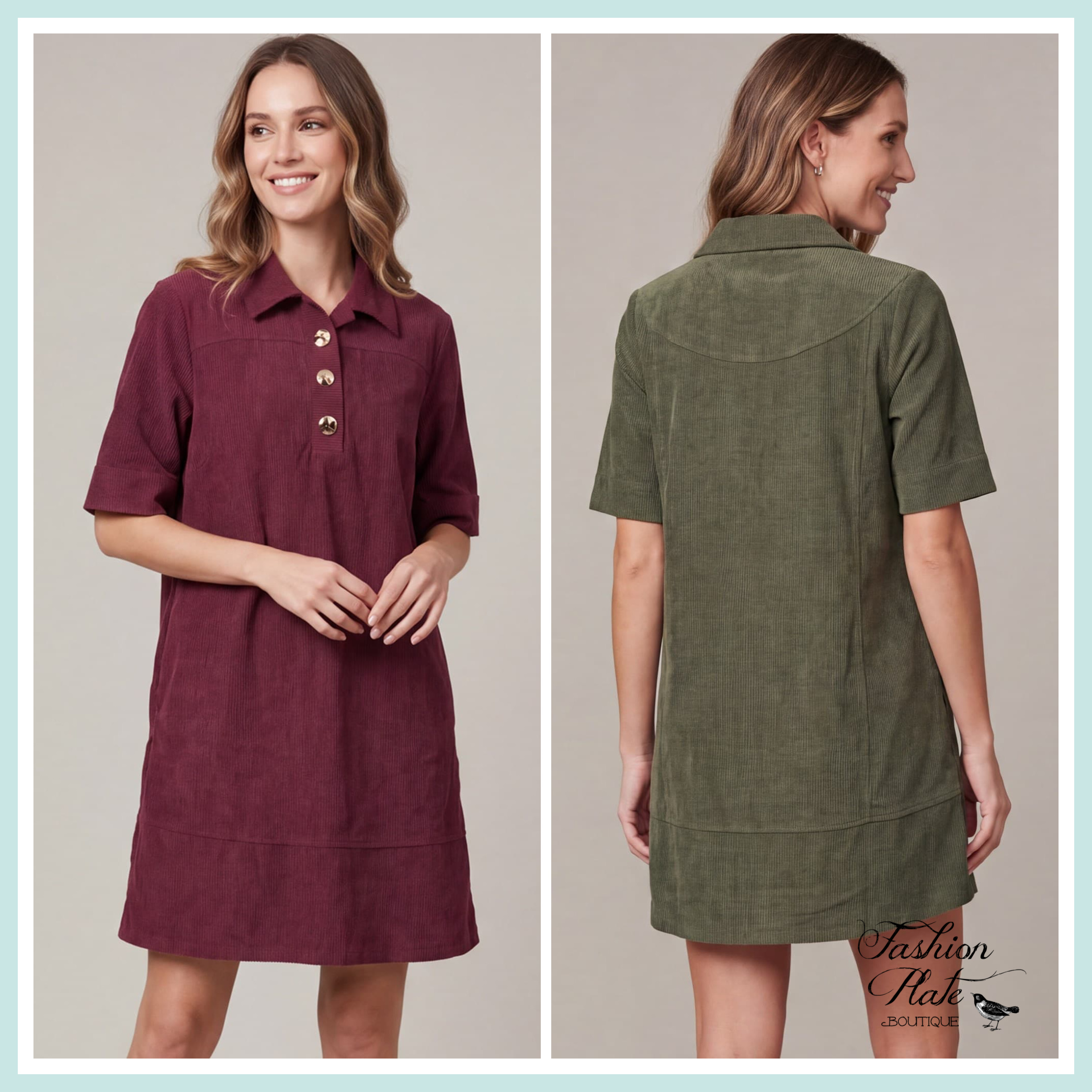 She + Sky Corduroy Shift Dress – Olive & Wine - Image 6