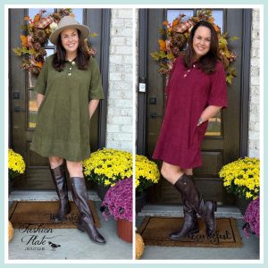 She + Sky Corduroy Shift Dress – Olive & Wine