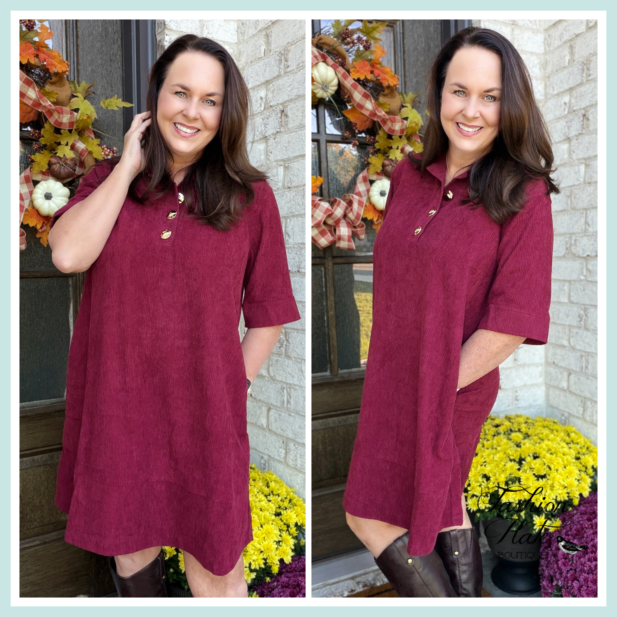 She + Sky Corduroy Shift Dress – Olive & Wine - Image 4