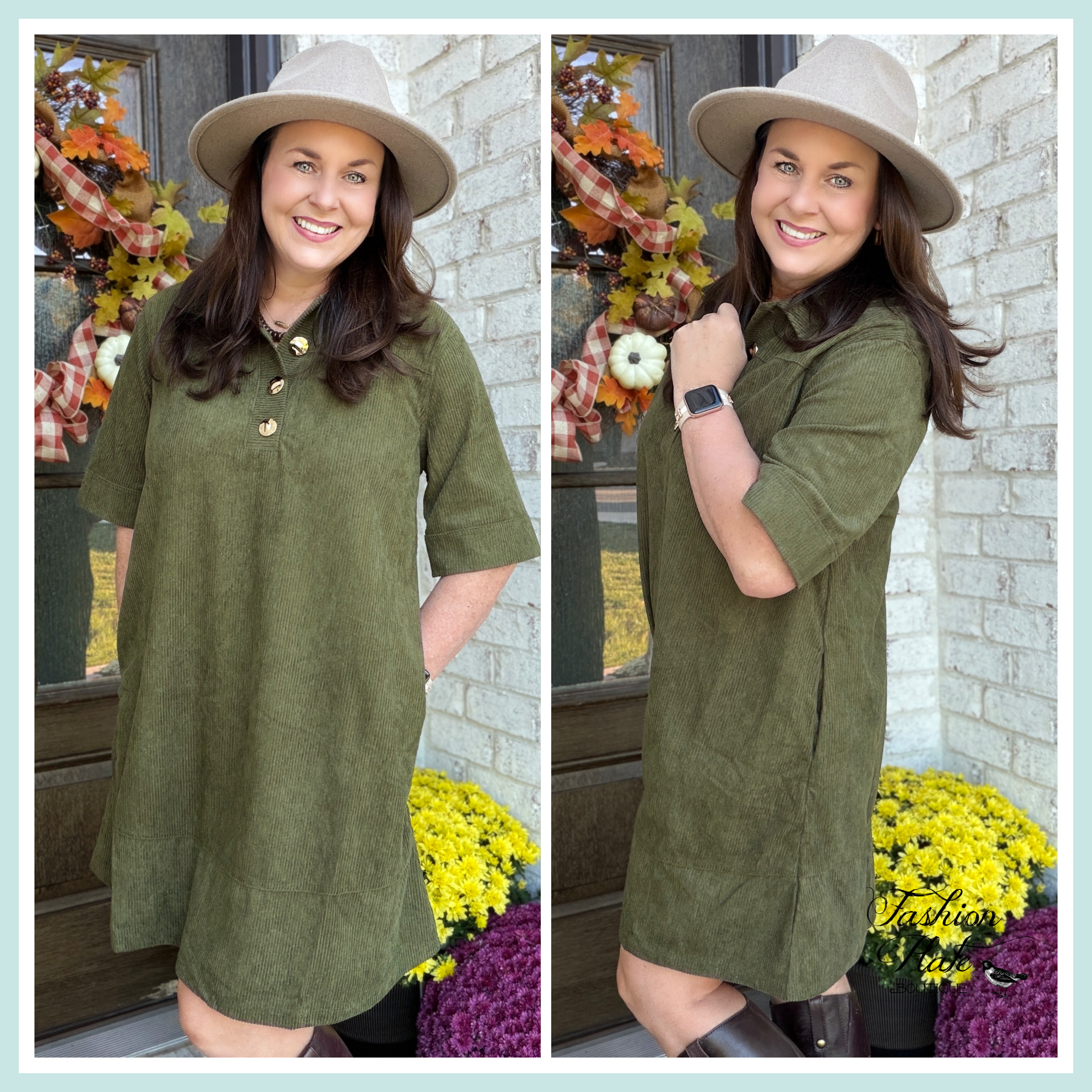 She + Sky Corduroy Shift Dress – Olive & Wine - Image 5