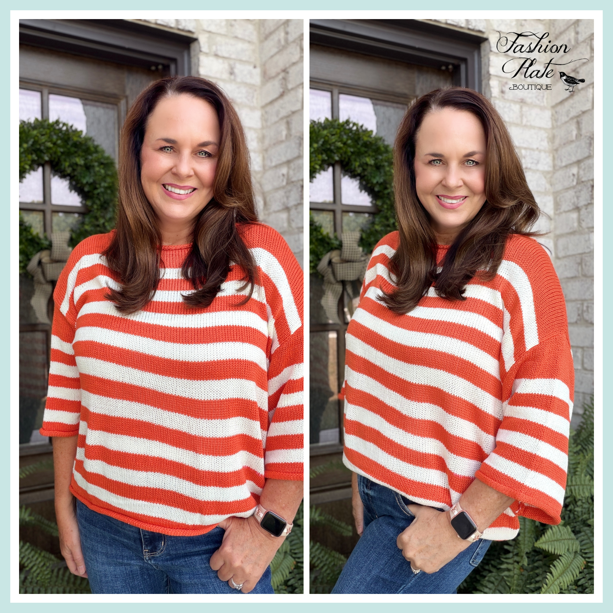 Vine & Love Orange Stripe Boatneck Sweater